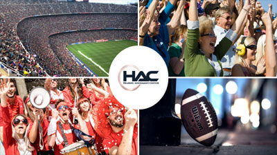 A collage of sports images: a crowded soccer stadium, cheering fans in the stands, football fans celebrating, and a close-up of an American football on the field. The HAC logo is centered in the middle.